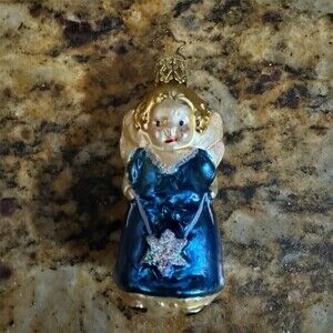 Inge-Glas Angel Ornament Blue Robe Holding Star Gold Wings Vintage 3.25in